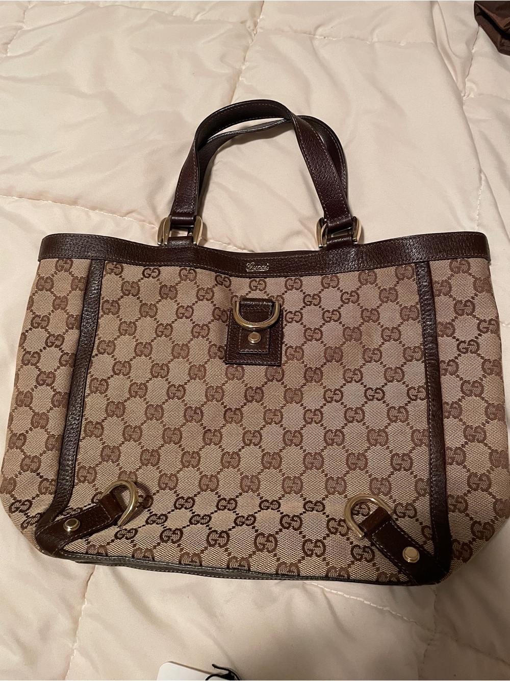 Gucci Brown/Beige GG Canvas Leather-Trim Tote